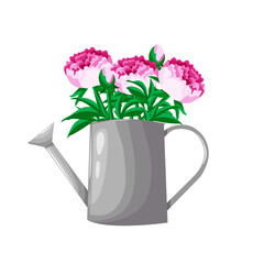 Watering cans with peonies. Gardeners taking care of the garden, growing and studying plants in nature. Can be used for many purposes. Vector illustration