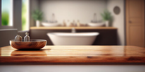 Fototapeta na wymiar An elegant neo art deco styled wooden table top provides an empty canvas for product display against the blurred background of a stylish bathroom interior featuring a bathtub, generative AI