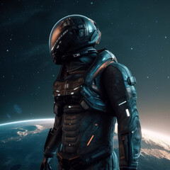 Fototapeta premium The astronaut has a futuristic spacesuit in the background you can see the earth. A space armor with a planet in the background. Generative AI