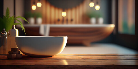 An elegant neo art deco styled wooden table top provides an empty canvas for product display against the blurred background of a stylish bathroom interior featuring a bathtub, generative AI