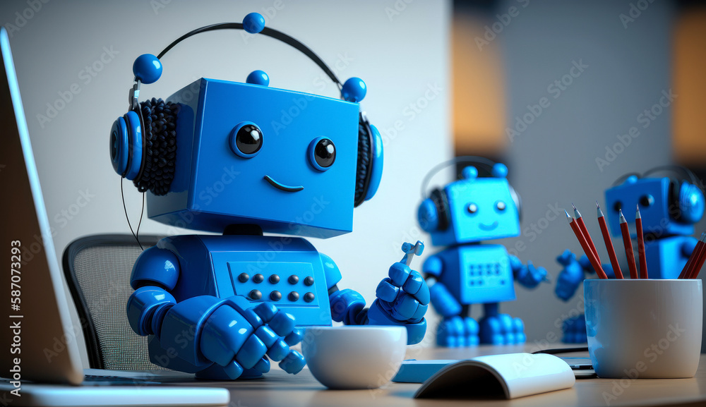 Aufkleber robots are sitting at a desk with a cup of coffee on the table. a blue robot is happily working on c