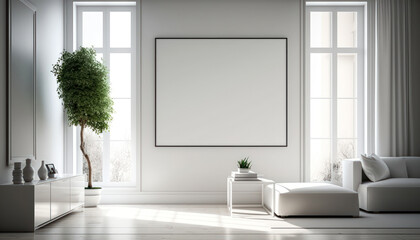 A blank canvas on the wall in a modern room. A living room with a large plant and a white sofa. Generative AI