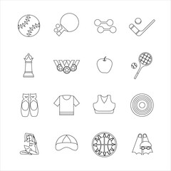 Collection of icons with different sports and healthy eating in outline design