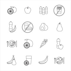Collection of icons with different sports and healthy eating in outline design