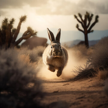A rabbit is running through the desert with a cactus in the background. Bunny running through a vast desert landscape. Generative AI