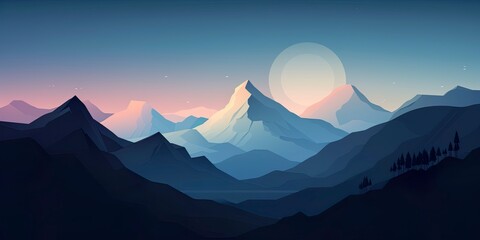 Flat 2d illustration of a mountain landscape. Panoramic view. Ai generative art.