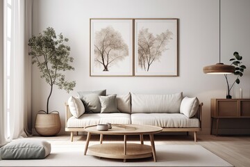 Cozy minimalist living room in white and wood with comfy sofa, blank frame on wall, basic wood circular coffee table, and décor. Generative AI