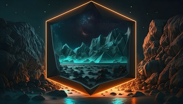 3d render, abstract, ethereal background with neon geometric hexagon shape, portal, and an extraterrestrial landscape under night sky. Rocks and mountains. Futuristic wallpaper. Generative AI.