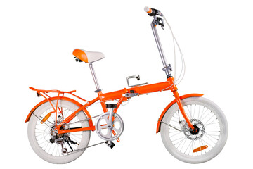 Orange folding bike. Isolated png with transparency