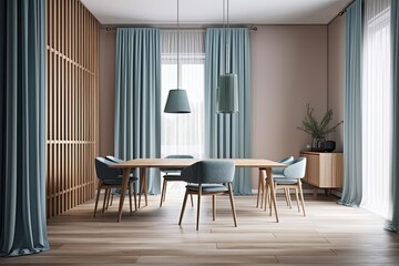 Fototapeta na wymiar Minimalist modern wooden dining room with blue tones with table, chairs, drapes, and parquet floor. Copyspace mockup. Modern decor,. Generative AI