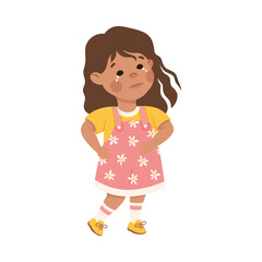 Cute crying little girl with upset face expression. Unhappy brunette girl dressed yellow t-shirt and pink sundress cartoon vector illustration
