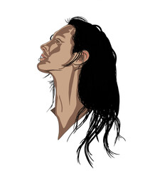 long-haired woman's head from the side on a white background
