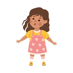 Angry little girl with face expression. Cute shouting brunette girl dressed yellow t-shirt and pink sundress cartoon vector illustration