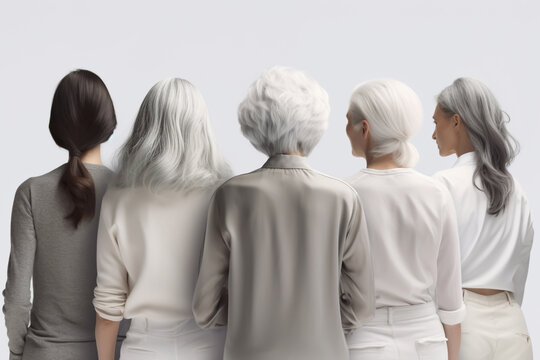 Close-up portrait of a group of women with various hairstyles, haircut, and gray hair color - copy space, isolated, white background, not based on a real person, Generative AI