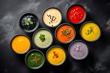 Obraz na płótnie Canvas Assortment of colored vegetable cream soups. Dietary food. On a black stone background. Top view. AI Generated.