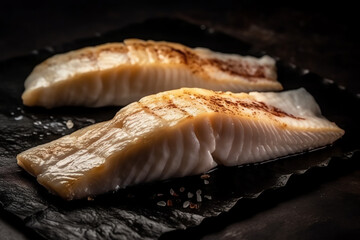 Grill delicious fillets of pollock or coalfish closeup, On black background. AI Generated.