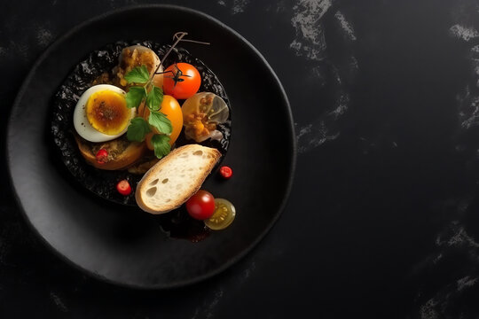 Delicious meal on a black plate top view, On grey background. AI Generated.