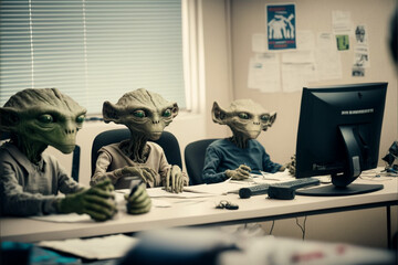 Confused alien monsters sitting at the desk in an open office. Alien monsters in everyday typical life situations. Generative AI illustration