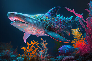 An unknown colorful creature underwater. Neon illuminated scary nightmare shark-like animal in the ocean water. Generative AI illustration