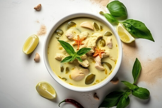 Top view, Mockup Green curry chicken in coconut milk, white culinary background. AI Generated 