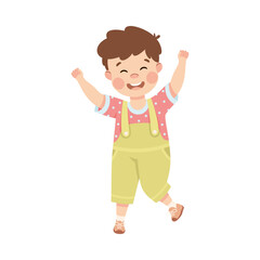 Cute joyful little boy with his hands raised. Brown haired boy dressed jumpsuit having fun cartoon vector illustration