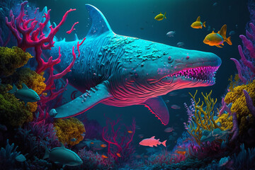 An unknown colorful creature underwater. Neon illuminated scary nightmare shark-like animal in the ocean water. Generative AI illustration