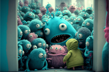 A scene from an alien monster kindergarten. A group of  colorful baby monsters gathered around an adult alien monster, 