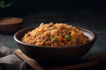Shrimp paste fried rice close up mockup, On table green, Black background. AI Generated.