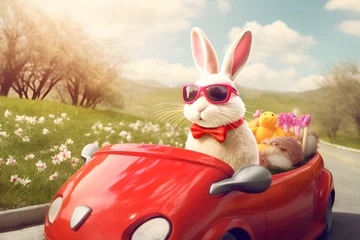 Vlies Fototapete Cartoon-Autos Cute Easter Bunny with sunglasses driving a red car filed with easter eggs