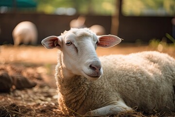 Portrait of a white sheep in a farm. Generative AI