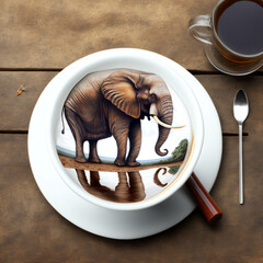 An elephant drawing was made on top of the coffee. Coffee cup from above. Generative AI illustration