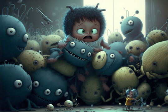 A scene from an alien monster kindergarten. A group of  colorful baby monsters gathered around an adult alien monster, 