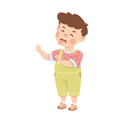 Mischievous cute little boy. Brown haired boy dressed jumpsuit sticking out tongue and teasing cartoon vector illustration