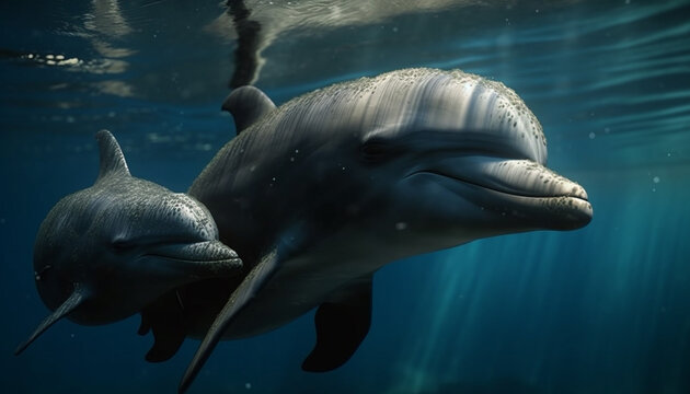 AI image of a mom and baby dauphin underwater