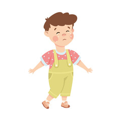 Cute little boy crying with tears. Upset brown haired boy dressed jumpsuit cartoon vector illustration