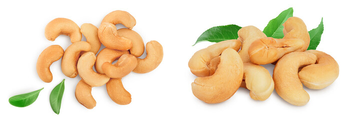 Roasted Cashew nuts isolated on white background with  full depth of field. Top view. Flat lay