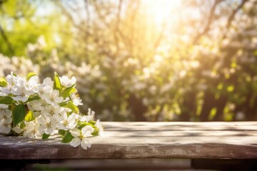 In front of a wooden table, a springtime background with white blossoms and sunbeams. Generative AI