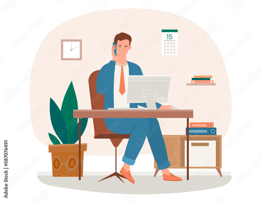 Poster boss talking on phone. man sits at computer and communicates on smartphone. multitasking employee or