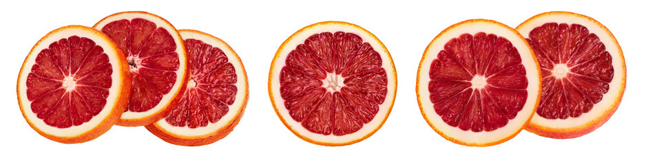 Blood red oranges slices isolated on white background . Top view. Flat lay