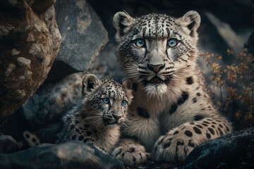 Fototapeta premium Snow leopard with cub in natural habitat. Generative AI