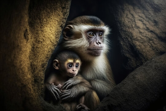 Monkey with cub in natural habitat. Generative AI