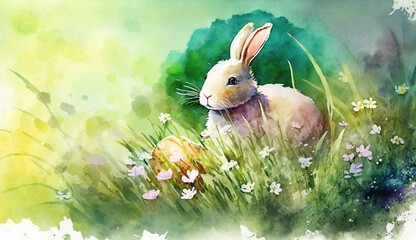 Watercolor easter background with rabbit, eggs and spring flowers. Generative AI