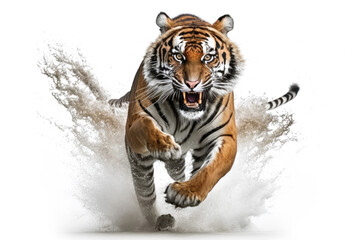 Obraz premium Tiger running on camera isolated on white background.. Generative AI