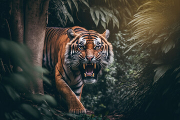 Angry Tiger portrait on jungle background, Generative AI