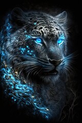 Obraz premium Magic frost tiger with blue eyes on black background. Generative AI