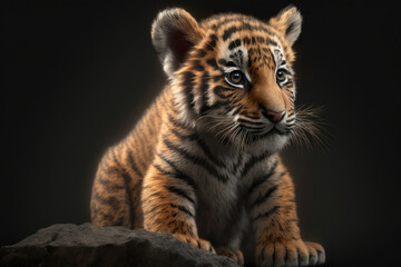 Fototapeta na wymiar Baby leopard portrait on dark background. AI Generative