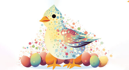 full colour Abstract easter chick with colorful eggs, and easter patterns, isolated on white, Created using generative AI tools..