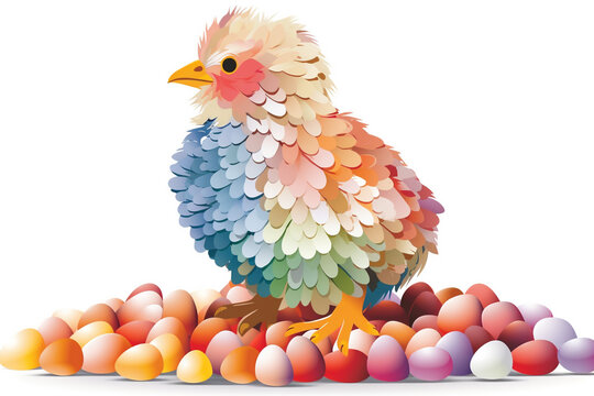 full colour Abstract easter chick with colorful eggs, and easter patterns, isolated on white, Created using generative AI tools..