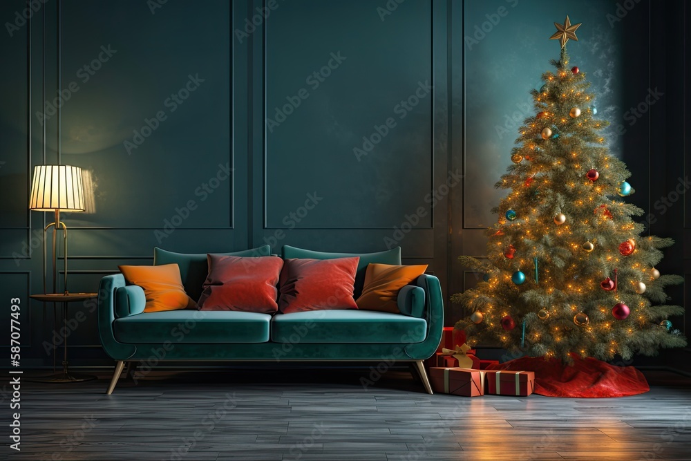 Poster Christmas tree and sofa in the living room,. Generative AI