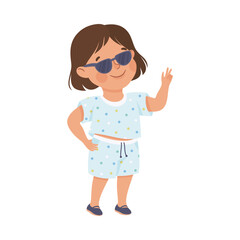 Cute self confident little girl in sunglasses. Adorable brown haired girl dressed t-shirt and shorts showing victory sign gesture cartoon vector illustration